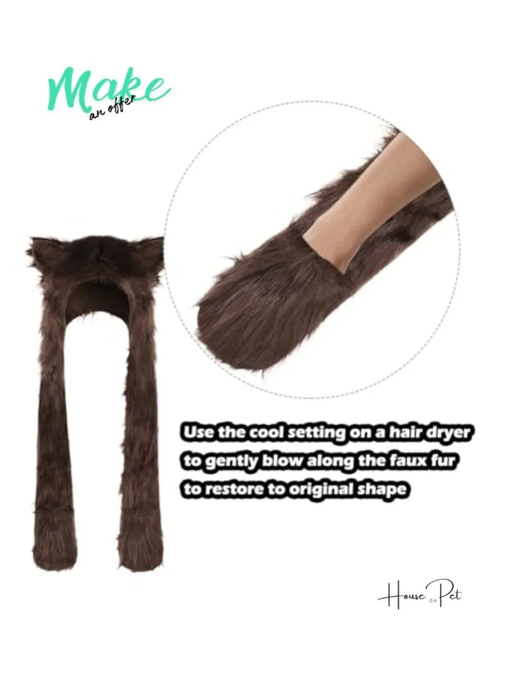 Faux Fur Animal Hood 3-in-1 Winter Scarf Gloves Set with Ears Paws